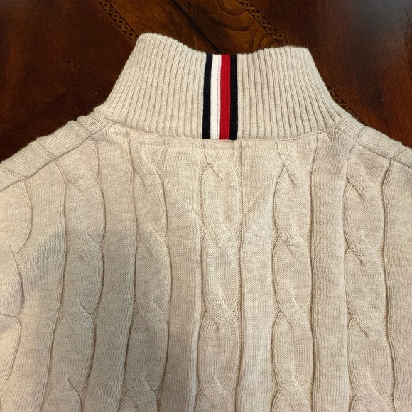 Tommy Hilfiger Cream Tan Cable Knit Pullover Sweater 1/4 Zip Neck Logo Men’s L - Picture 7 of 14